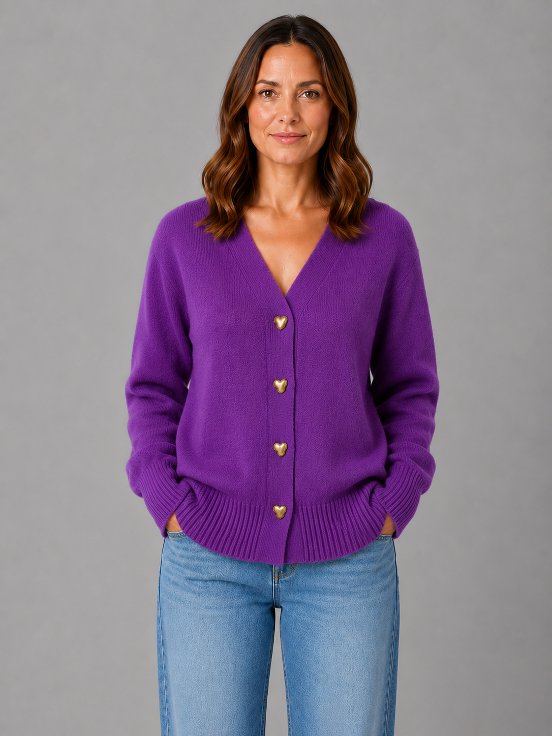 Walda Heart Button V-Neck Knit Cardigan - Violet