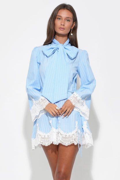 Waverleigh Tie Neck Mini Dress - Light Blue Stripe