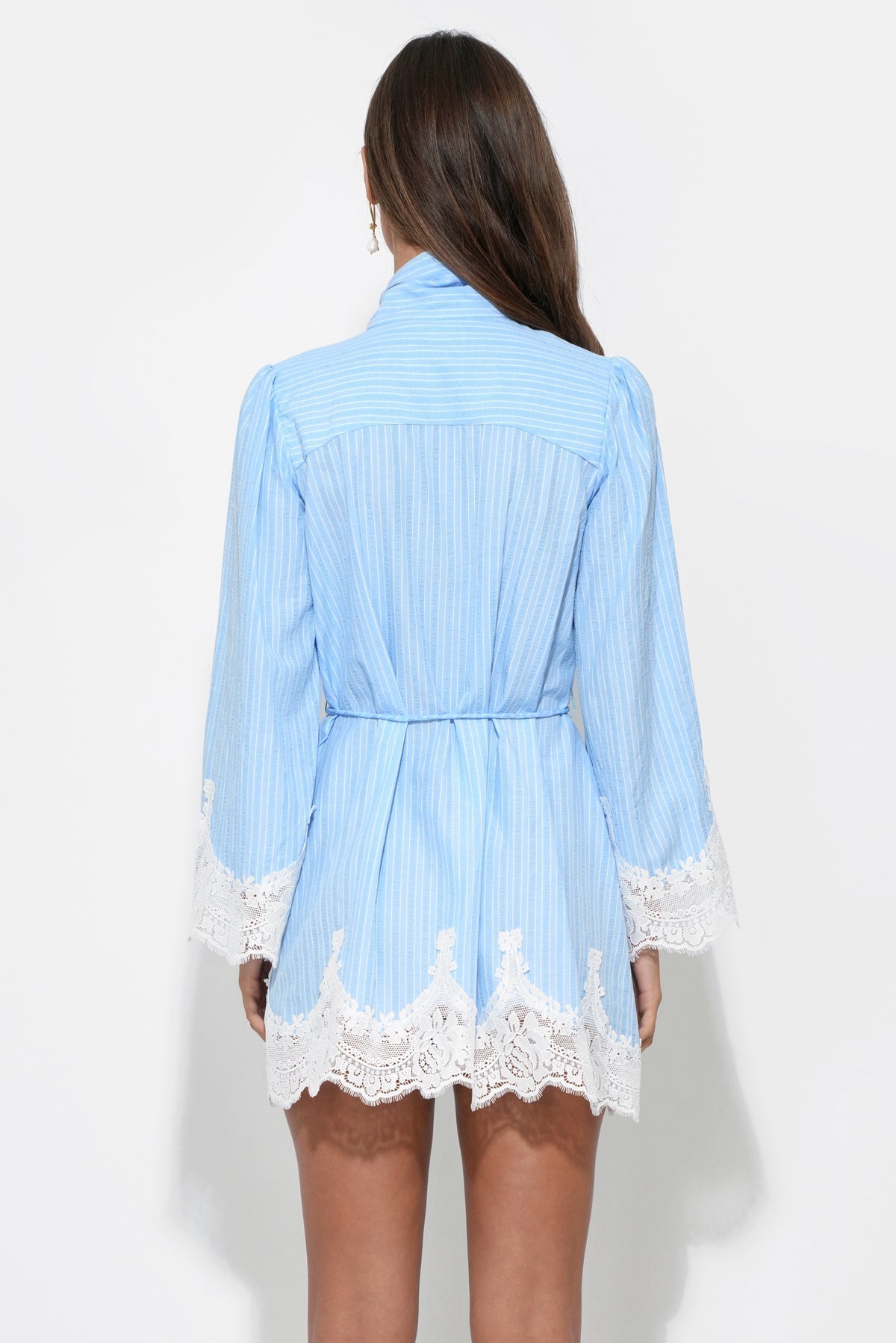Waverleigh Tie Neck Mini Dress - Light Blue Stripe