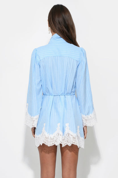 Waverleigh Tie Neck Mini Dress - Light Blue Stripe
