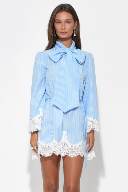 Waverleigh Tie Neck Mini Dress - Light Blue Stripe