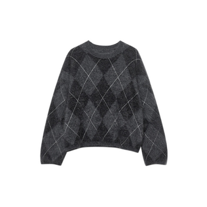 Wildera Argyle Oversized Sweater - Charcoal Gray