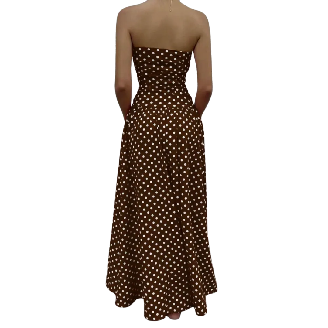Winnora Polka Dot Strapless Maxi Dress - Brown Polka Dot
