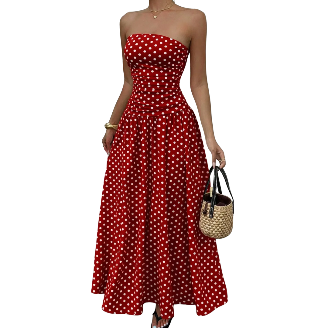 Winnora Polka Dot Strapless Maxi Dress - Red Polka Dot