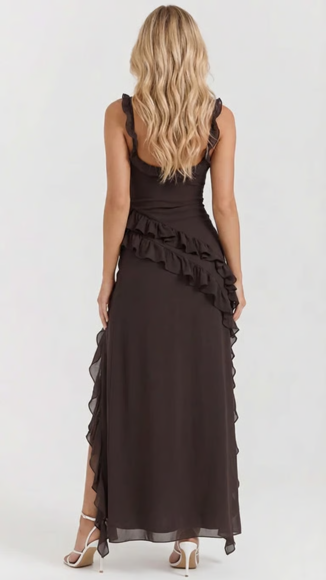 Winsley Square Neck Ruffle Maxi Dress - Chocolate Brown