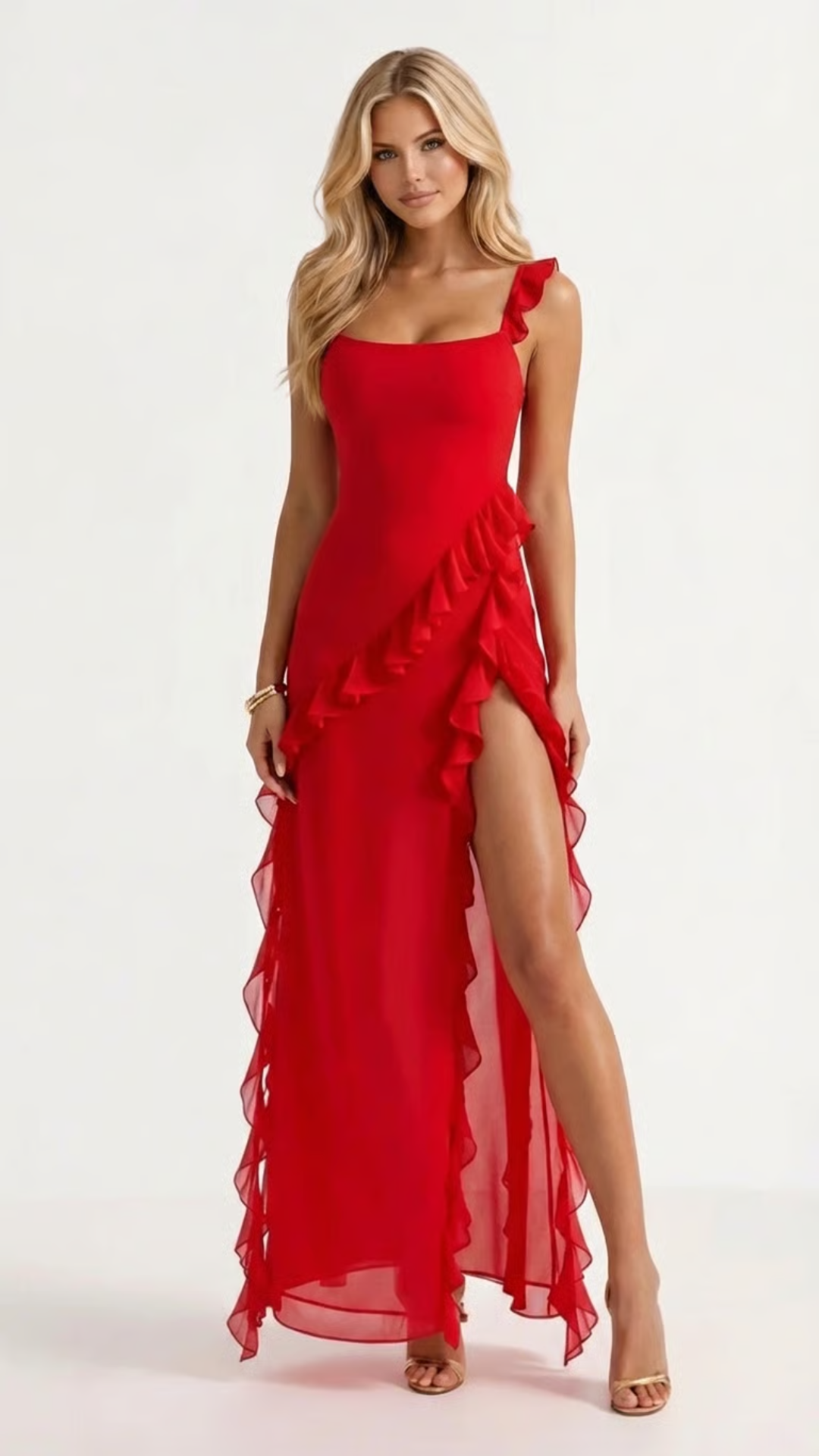Winsley Square Neck Ruffle Maxi Dress - Red