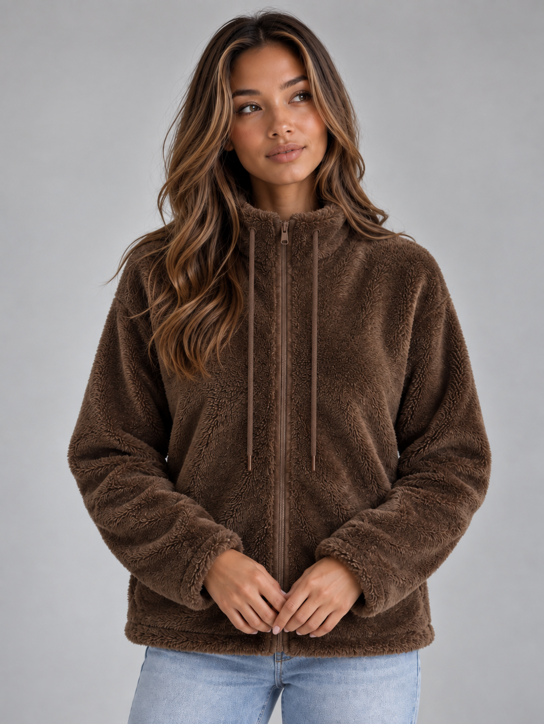 Wrenata High Neck Teddy Fleece Jacket - Brown
