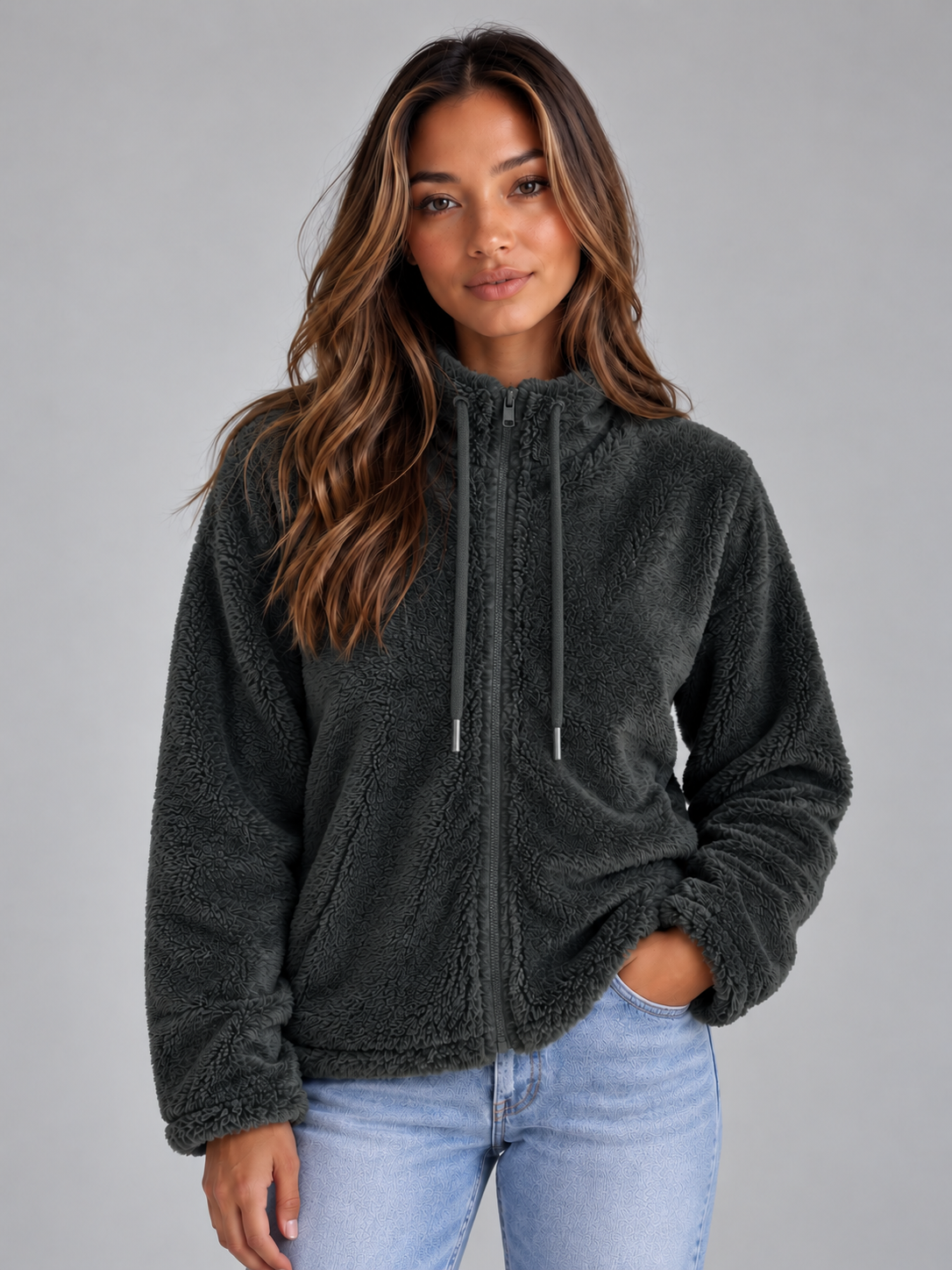Wrenata High Neck Teddy Fleece Jacket - Dark Gray