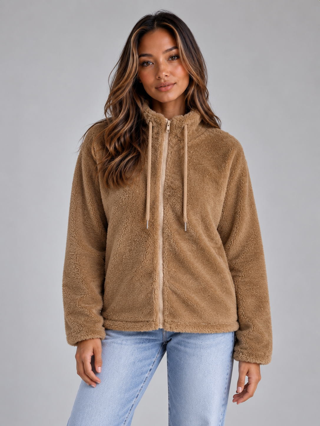 Wrenata High Neck Teddy Fleece Jacket - Khaki