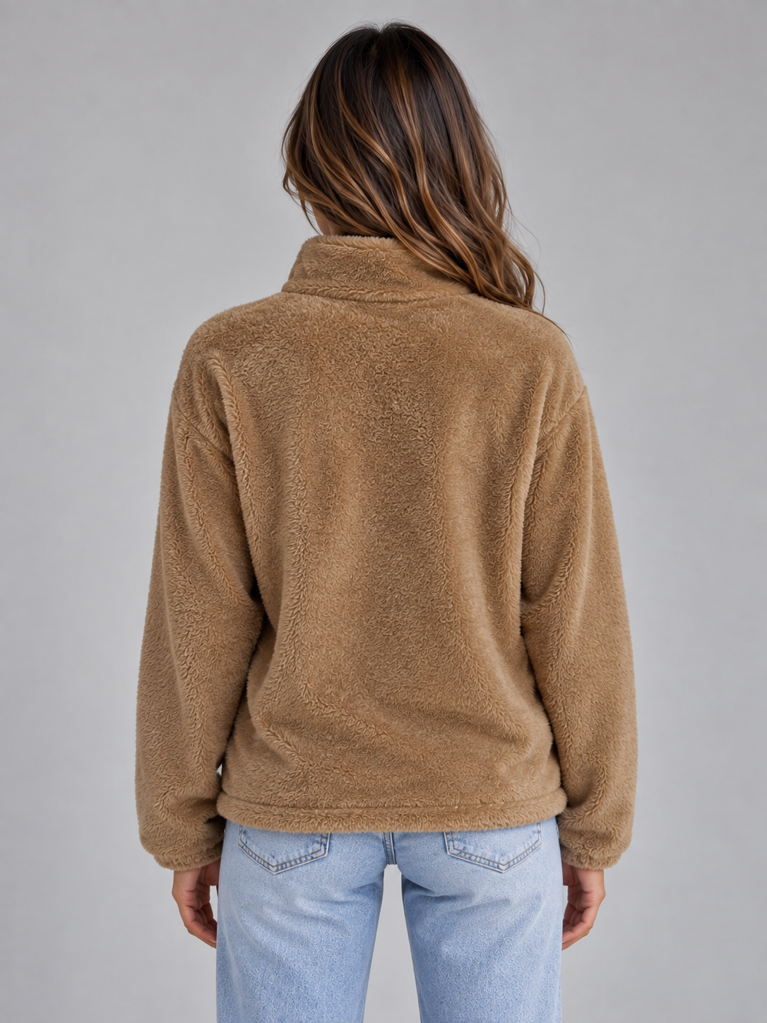 Wrenata High Neck Teddy Fleece Jacket - Khaki