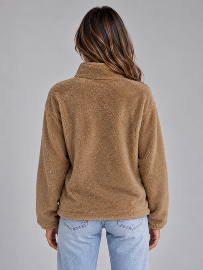Wrenata High Neck Teddy Fleece Jacket - Khaki
