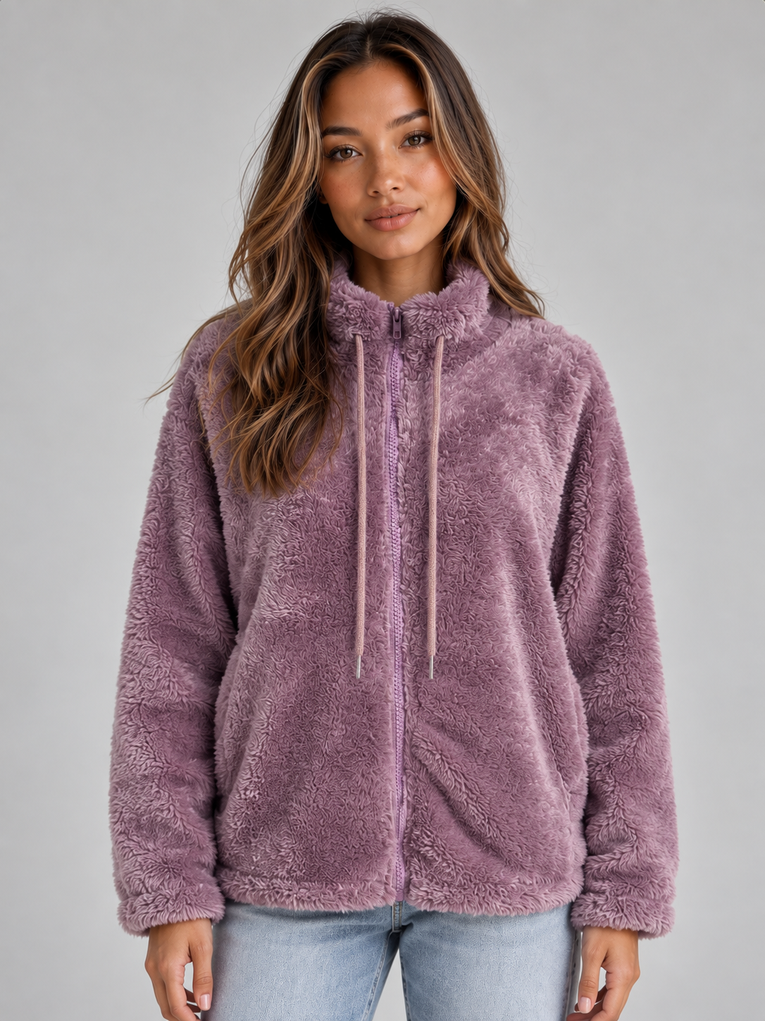 Wrenata High Neck Teddy Fleece Jacket - Mauve