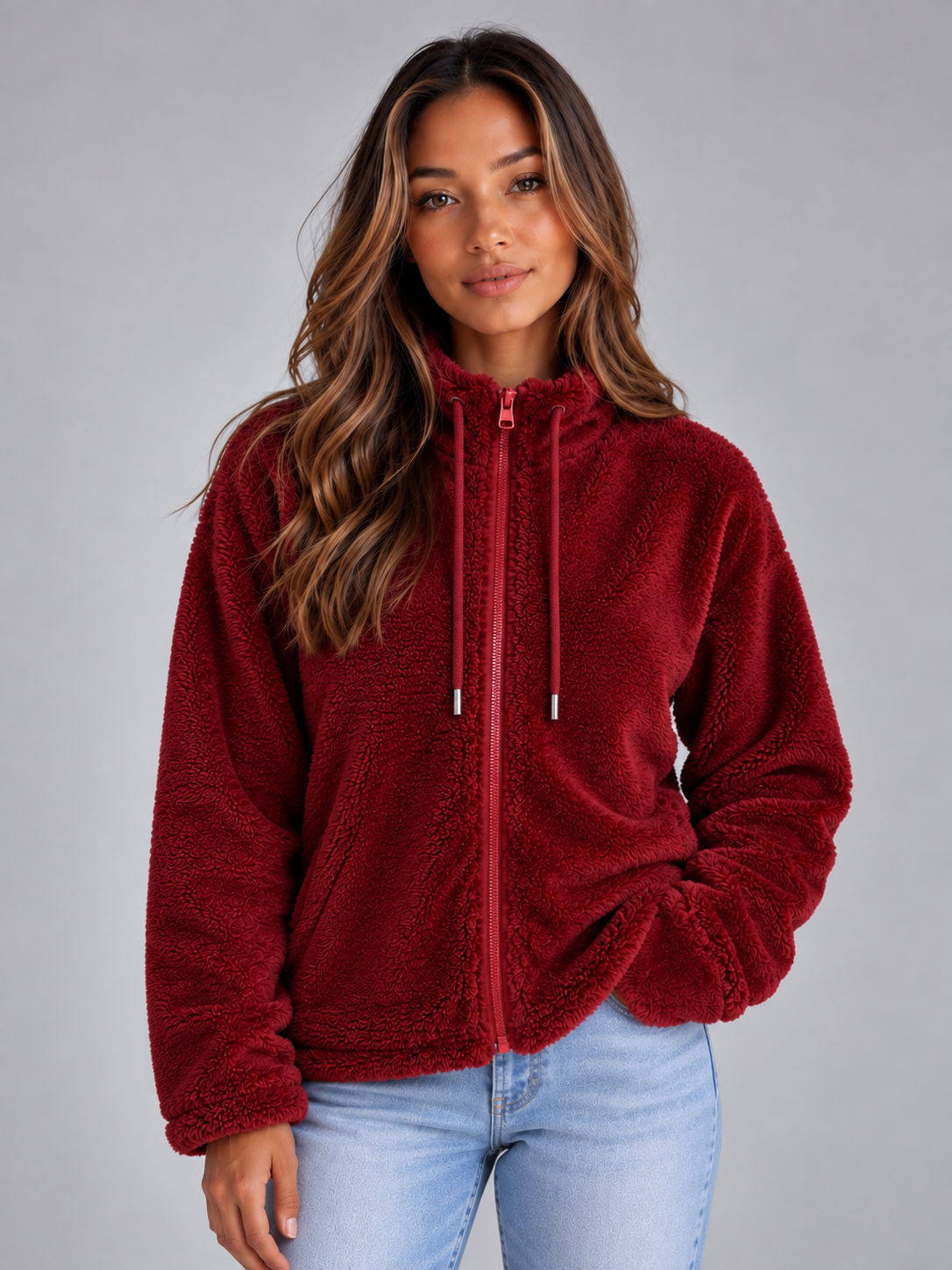 Wrenata High Neck Teddy Fleece Jacket - Red