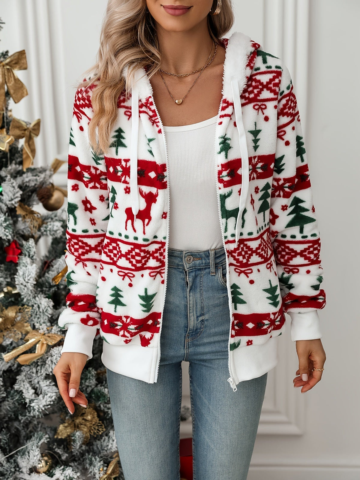 Wrensley Reindeer Print Hooded Cardigan - White, Red and Green Print