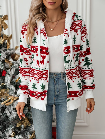 Wrensley Reindeer Print Hooded Cardigan - White, Red and Green Print