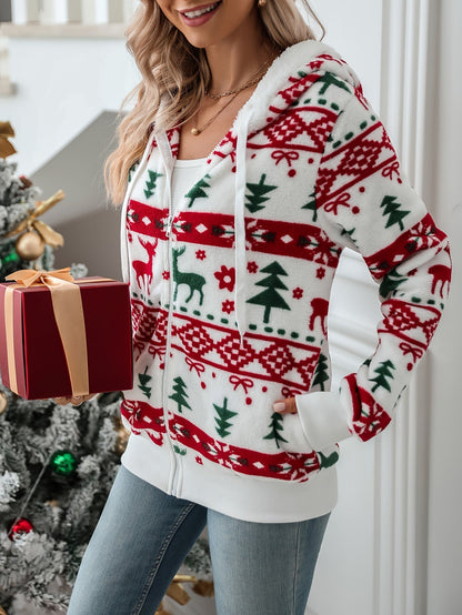 Wrensley Reindeer Print Hooded Cardigan - White, Red and Green Print