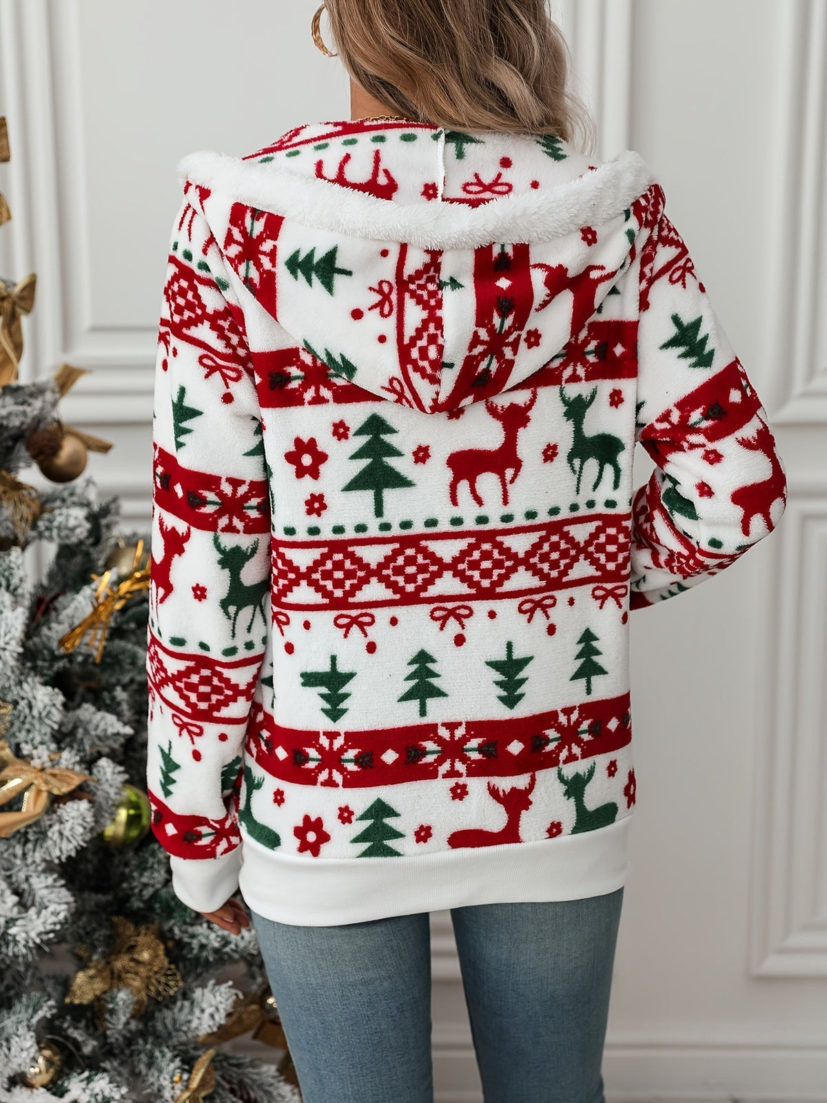 Wrensley Reindeer Print Hooded Cardigan - White, Red and Green Print