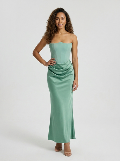 Wynonna Strapless Ruched Maxi Dress - Emerald Sage
