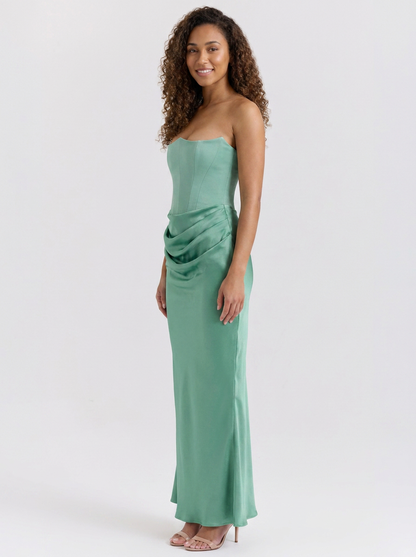 Wynonna Strapless Ruched Maxi Dress - Emerald Sage