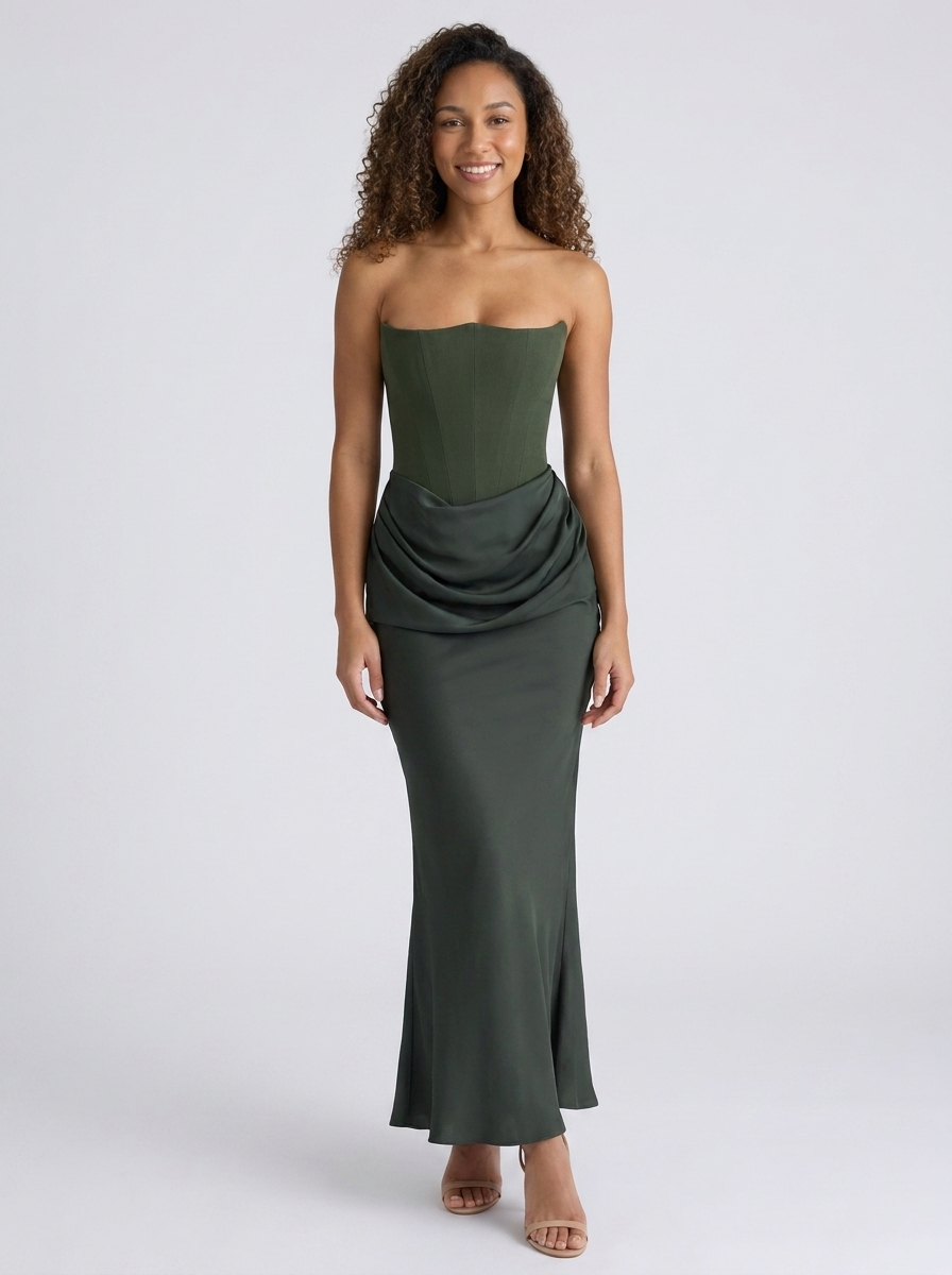 Wynonna Strapless Ruched Maxi Dress - Olive Green