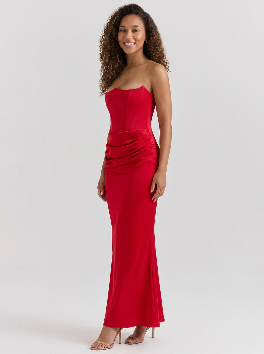 Wynonna Strapless Ruched Maxi Dress - Red