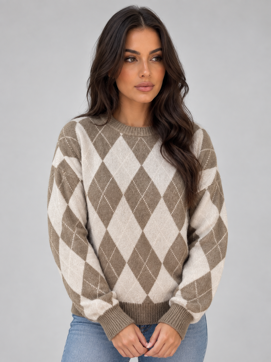 Xochitl Argyle Diamond Pattern Knit Jumper - Beige