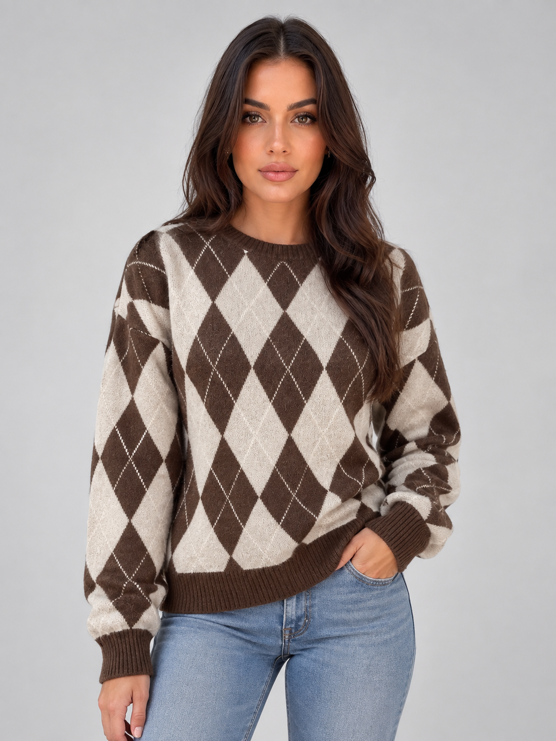 Xochitl Argyle Diamond Pattern Knit Jumper - Brown