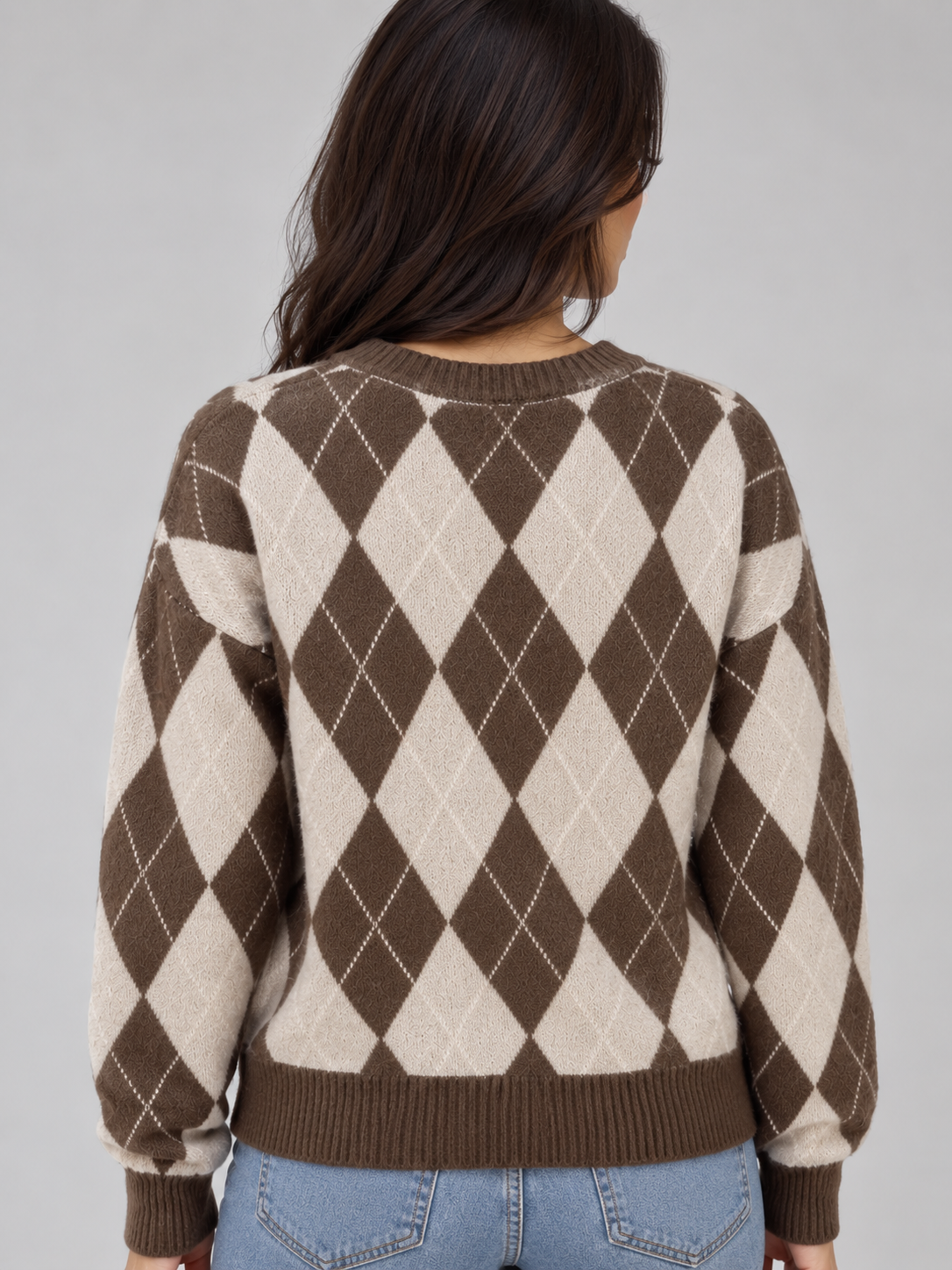 Xochitl Argyle Diamond Pattern Knit Jumper - Brown