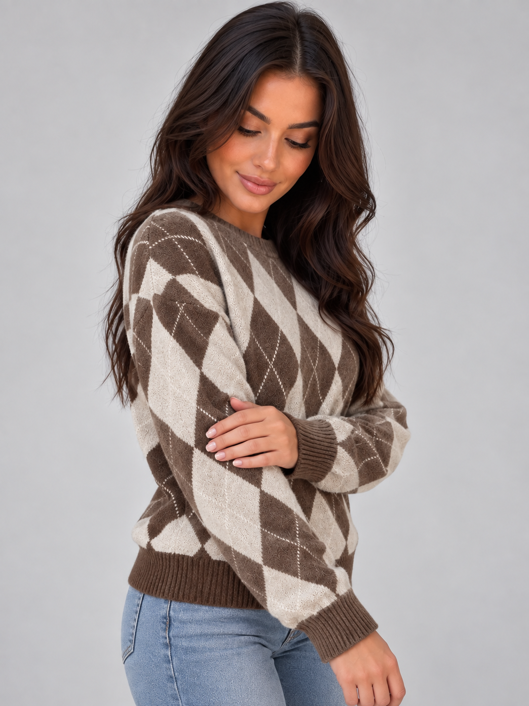 Xochitl Argyle Diamond Pattern Knit Jumper - Brown