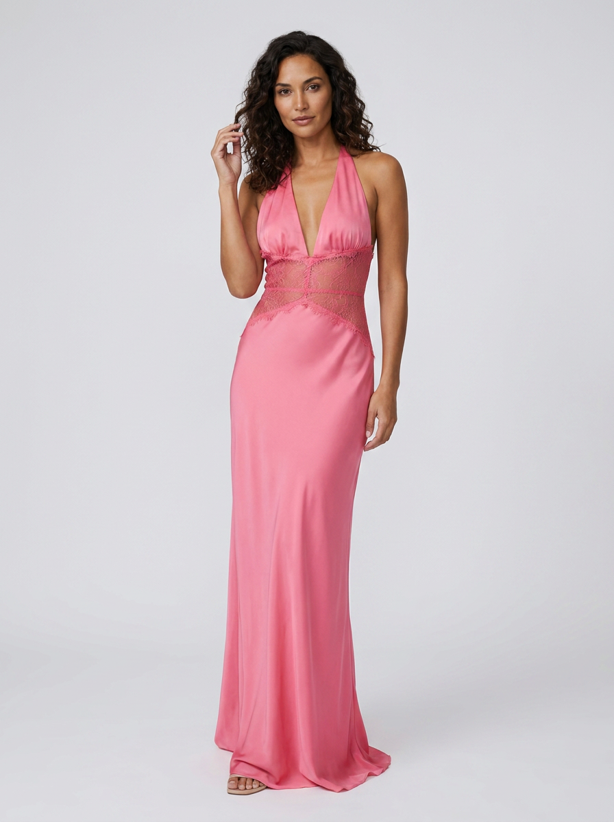 Yana Halter Lace Waist Maxi Dress - Pink