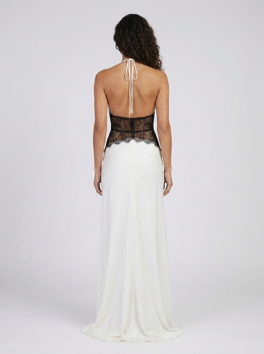 Yana Halter Lace Waist Maxi Dress - White and Black