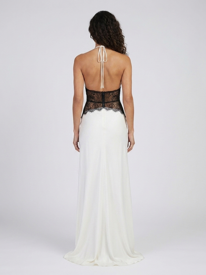 Yana Halter Lace Waist Maxi Dress - White and Black