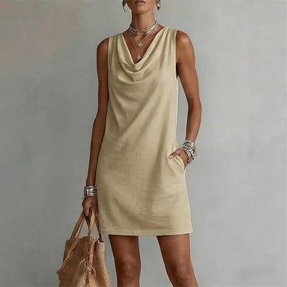 Yesenia Cowl Neck Sleeveless Mini Dress - Beige