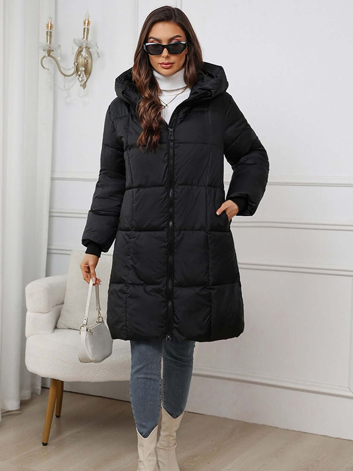 Yessenia Hooded Drawstring Puffer Parka - Black