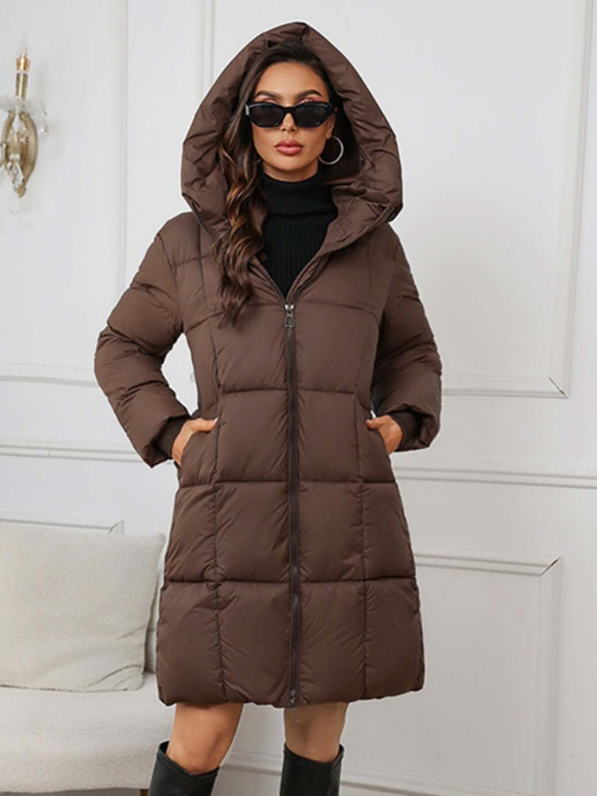 Yessenia Hooded Drawstring Puffer Parka - Brown