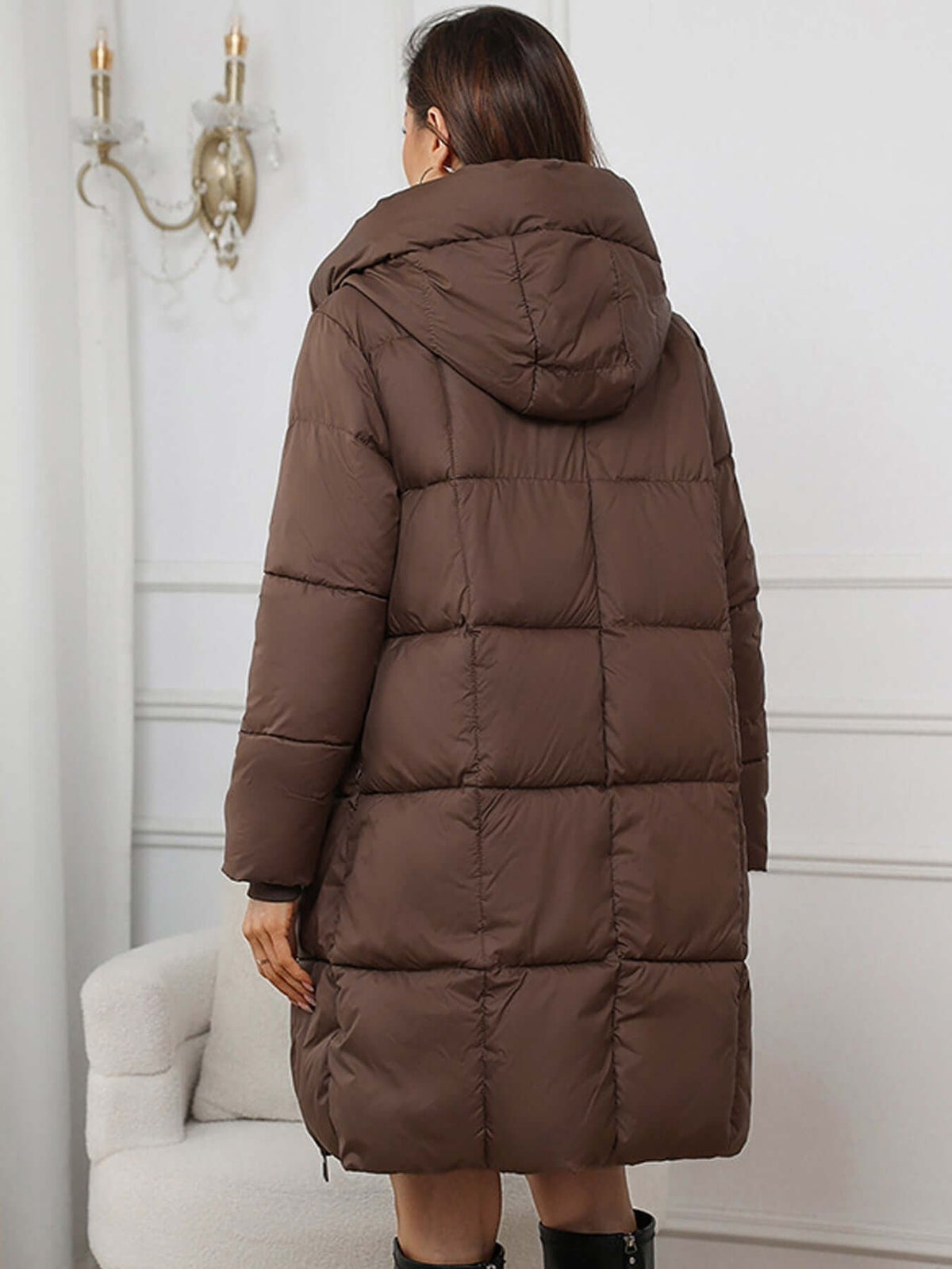 Yessenia Hooded Drawstring Puffer Parka - Brown