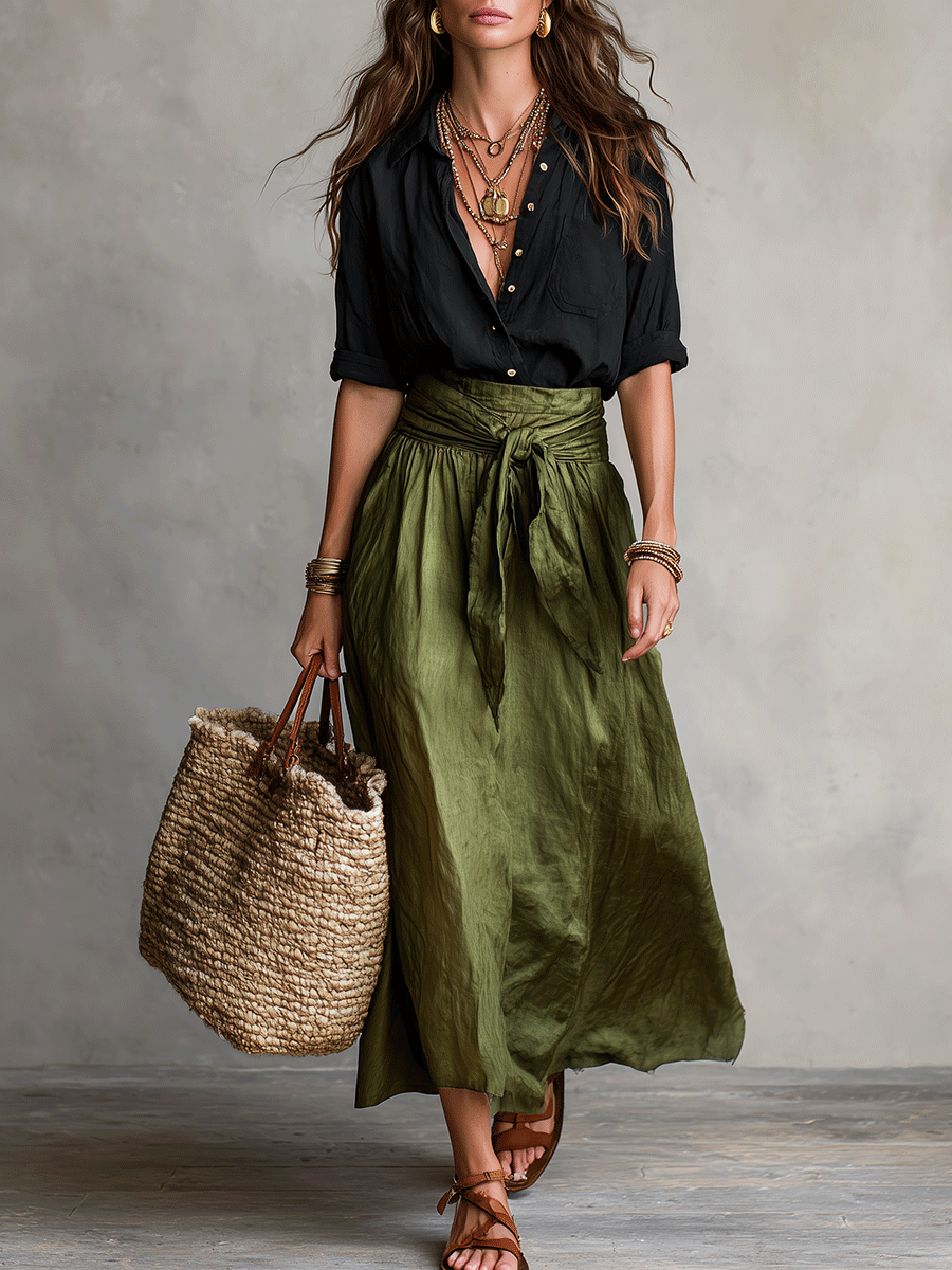 Ylva Tie Waist Satin Midi Skirt Set - Black and Olive