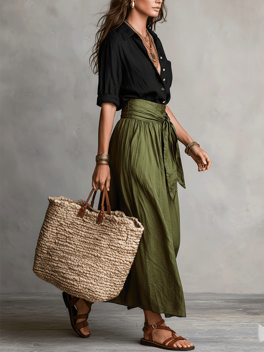 Ylva Tie Waist Satin Midi Skirt Set - Black and Olive