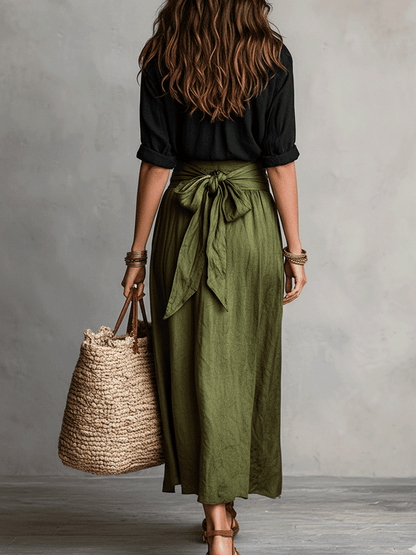 Ylva Tie Waist Satin Midi Skirt Set - Black and Olive