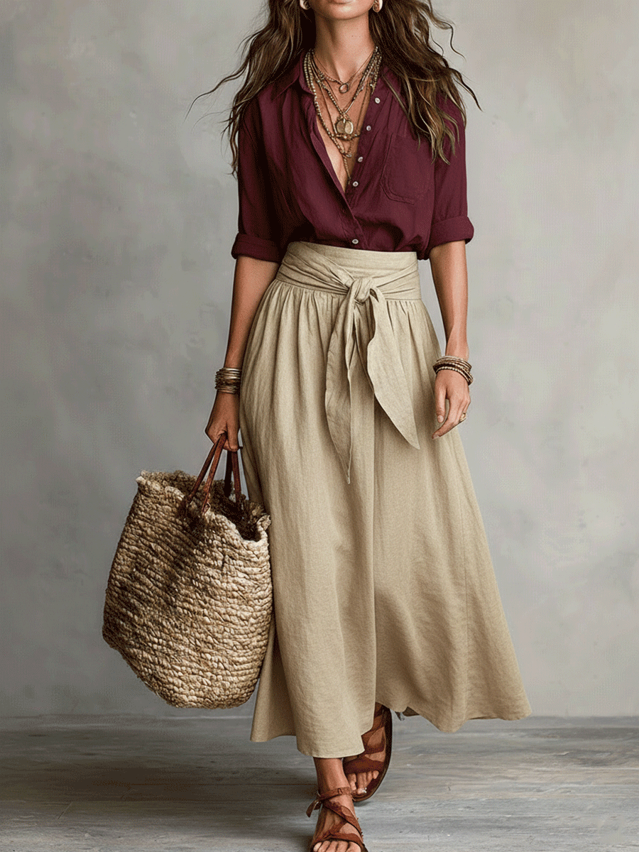 Ylva Tie Waist Satin Midi Skirt Set - Burgundy and Beige