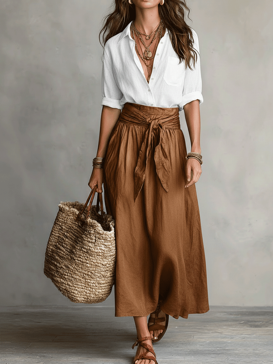 Ylva Tie Waist Satin Midi Skirt Set - White and Brown