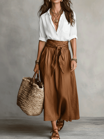 Ylva Tie Waist Satin Midi Skirt Set - White and Brown