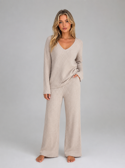 Ynez V-Neck Sweater Wide-Leg Lounge Set - Beige