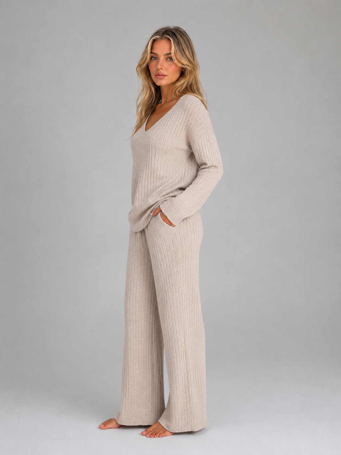 Ynez V-Neck Sweater Wide-Leg Lounge Set - Beige