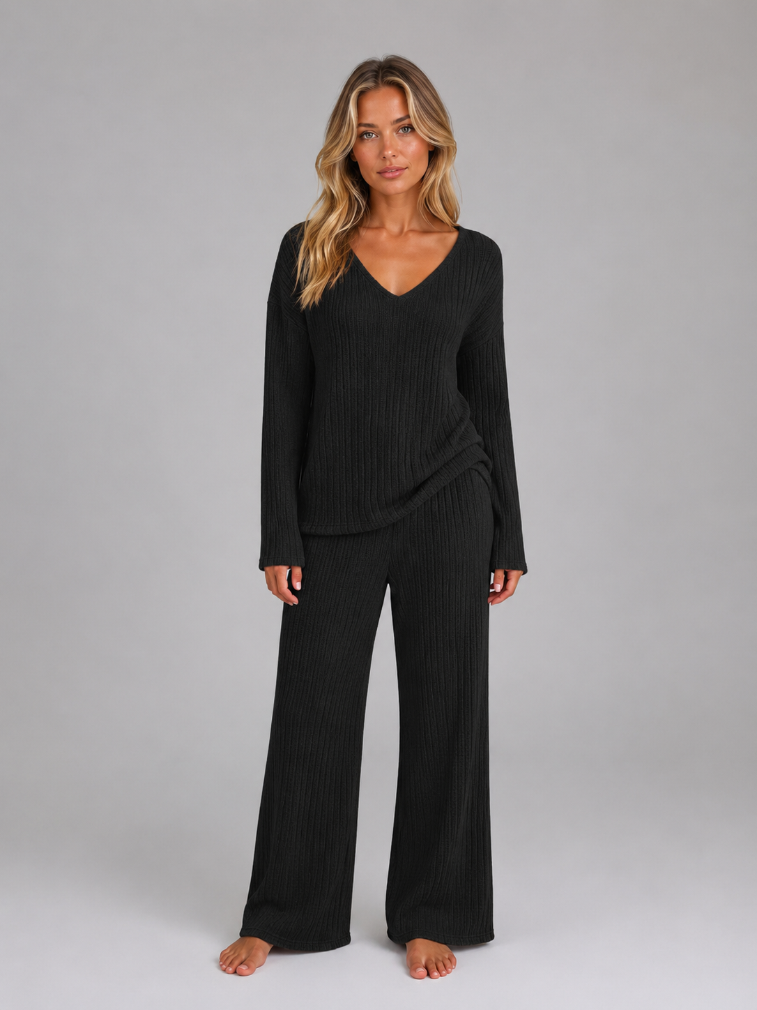 Ynez V-Neck Sweater Wide-Leg Lounge Set - Black