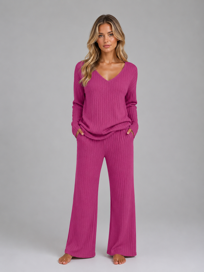 Ynez V-Neck Sweater Wide-Leg Lounge Set - Fuchsia