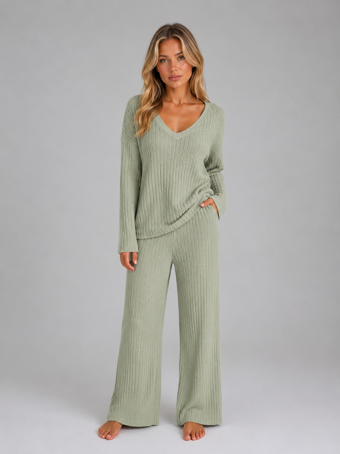 Ynez V-Neck Sweater Wide-Leg Lounge Set - Sage Green