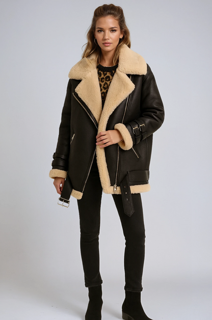Ysolde Faux Shearling Aviator Jacket - Black