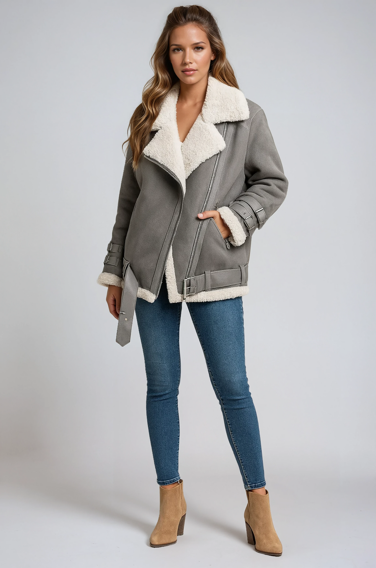 Ysolde Faux Shearling Aviator Jacket - Gray