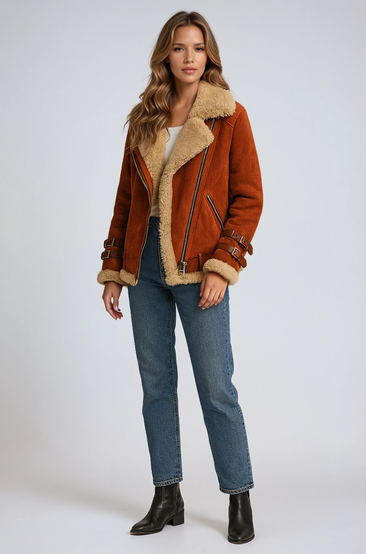 Ysolde Faux Shearling Aviator Jacket - Rust